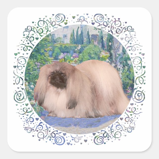 Pekingese im Blumengarten Quadratischer Aufkleber (Vorderseite)