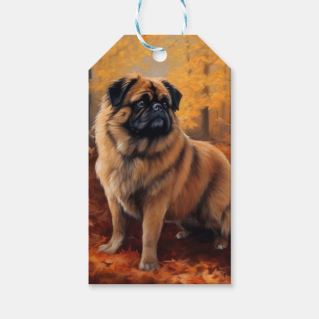 Pekingese im Herbst Leaves Fall Inspiriert Geschenkanhänger (Vorderseite)