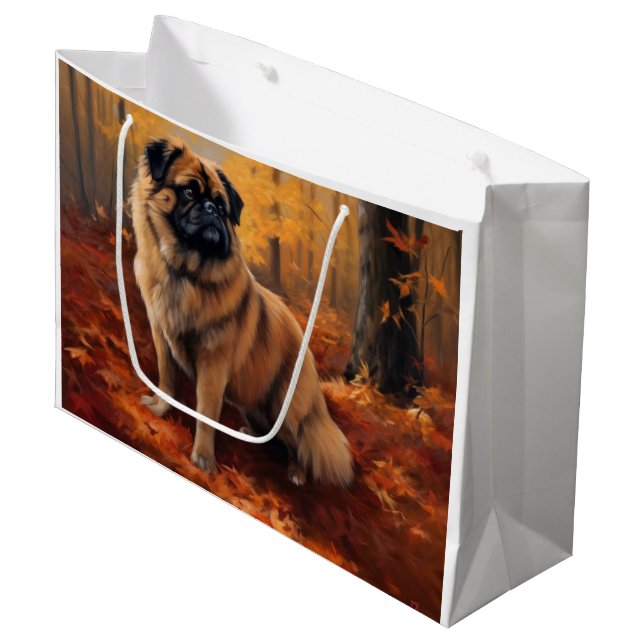 Pekingese im Herbst Leaves Fall Inspiriert Große Geschenktüte (Vorderseite Schrägansicht)