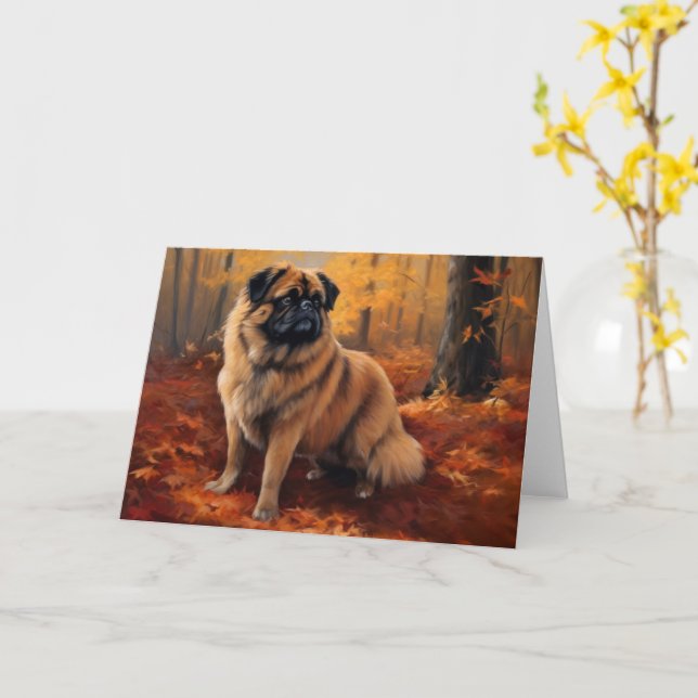 Pekingese im Herbst Leaves Fall Inspiriert Karte (Gelbe Blume)