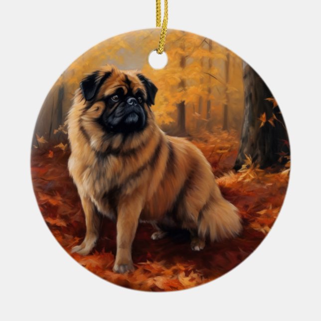 Pekingese im Herbst Leaves Fall Inspiriert Keramik Ornament (Vorne)