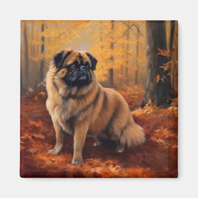 Pekingese im Herbst Leaves Fall Inspiriert Magnet (Vorne)