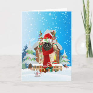 Pekingese im Schnee mit Weihnachtsgeschenken Karte