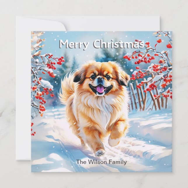 Pekingese im Schnee Winter Frohe Weihnachten (Vorderseite)