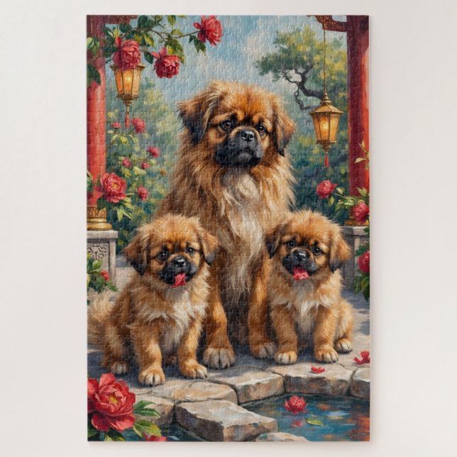 Pekingese Imperial Pfingstrosengarten Kunst Puzzle (Vertikal)