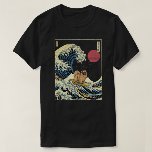 Pekingese Japanisch Kanagawa Wave Funny Surf Dog T-Shirt (Design vorne)