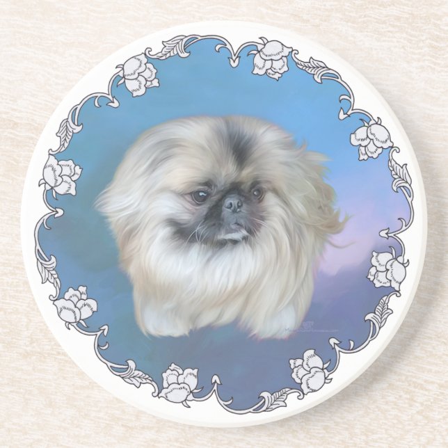 Pekingese Lily on Blue Sandstein Untersetzer (Vorne)