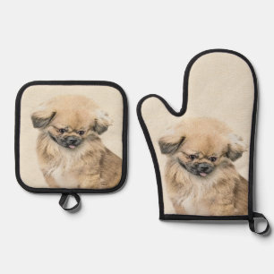Pekingese Malerei Fawn Niedlich Original Haustier  Ofenhandschuh & Topflappen-Set