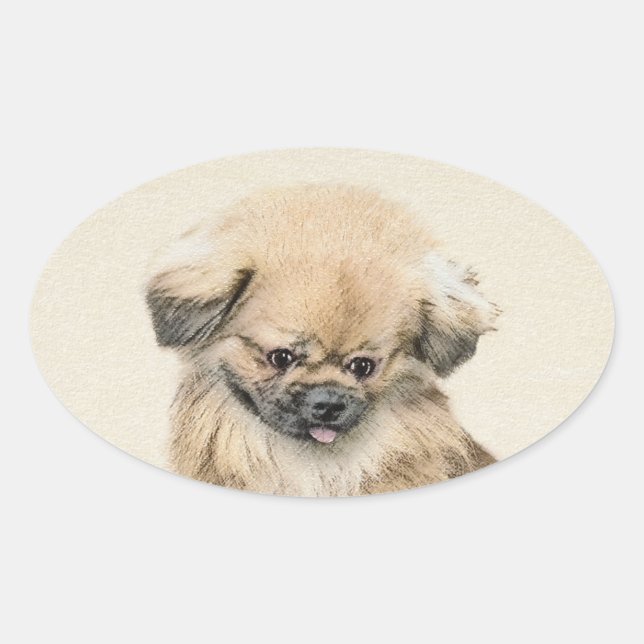 Pekingese Malerei - Niedliche Original Hunde Kunst Ovaler Aufkleber (Vorderseite)