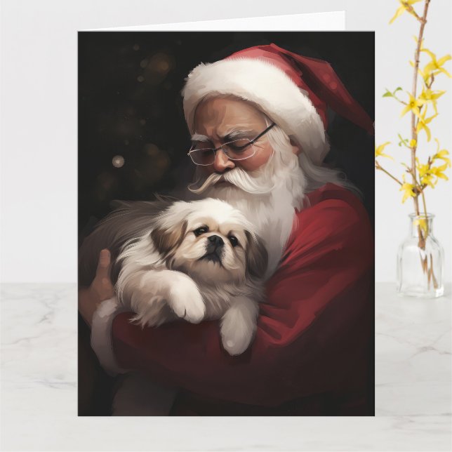 Pekingese mit dem Weihnachtsmann Weihnachten Karte (Gelbe Blume)