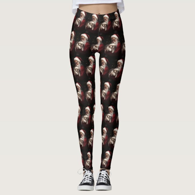 Pekingese mit dem Weihnachtsmann Weihnachten Leggings (Vorderseite)