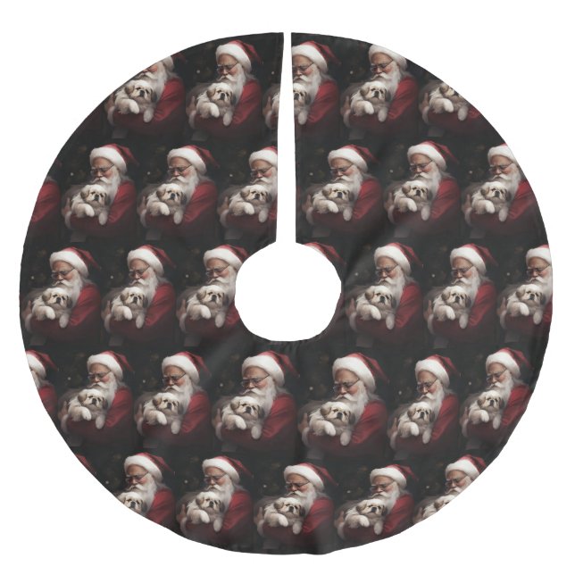 Pekingese mit dem Weihnachtsmann Weihnachten Polyester Weihnachtsbaumdecke (Vorderseite)