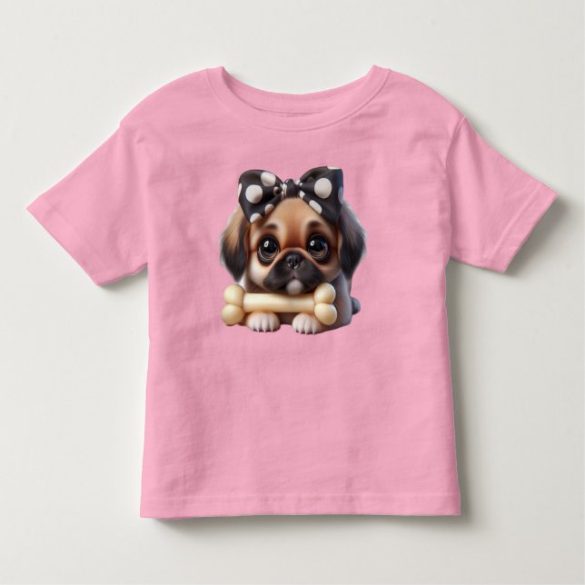 Pekingese mit einem Polka Dot Bow und einem Knoche Kleinkind T-shirt (Vorderseite)