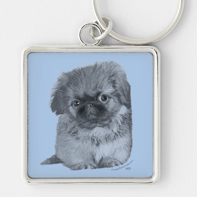 Pekingese Puppy Blue Schlüsselanhänger (Vorne)