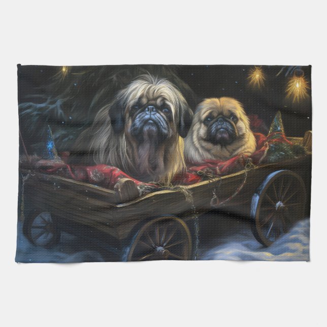 Pekingese Snowy Sleigh Weihnachtsdekor Geschirrtuch (Horizontal)