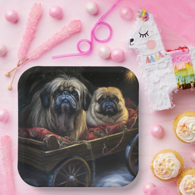 Pekingese Snowy Sleigh Weihnachtsdekor Pappteller (Party)