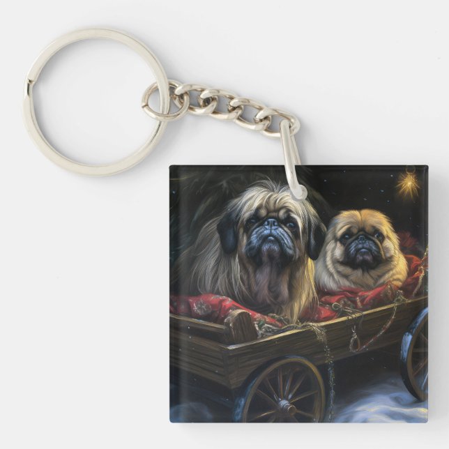 Pekingese Snowy Sleigh Weihnachtsdekor Schlüsselanhänger (Vorderseite)
