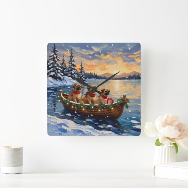 Pekingese Weihnachtsboot Urlaub Quadratische Wanduhr (Zuhause)