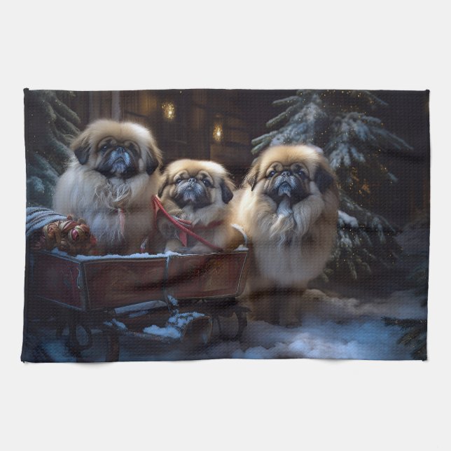 Pekingese Weihnachtsfeiertage Geschirrtuch (Horizontal)