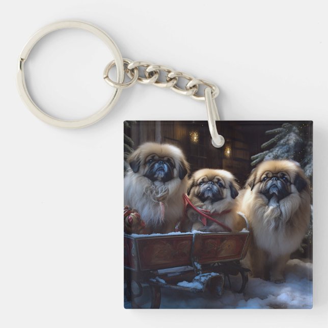 Pekingese Weihnachtsfeiertage Schlüsselanhänger (Vorderseite)