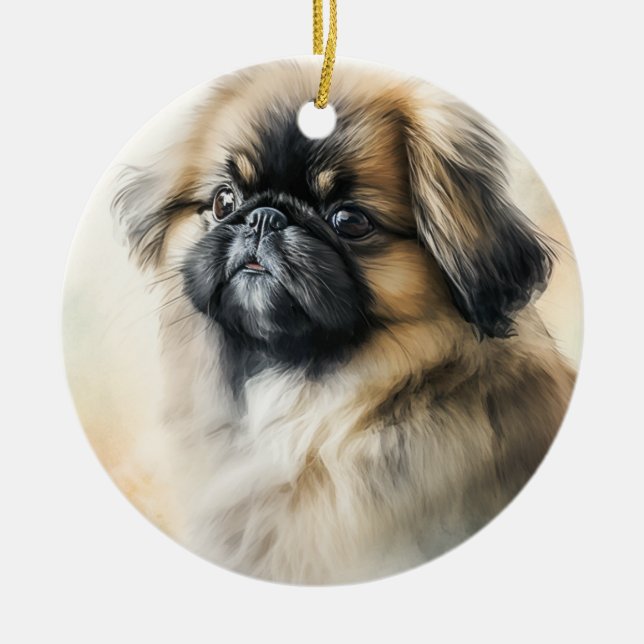 Pekingese Welpe Aquarellmalerei Keramik Ornament (Vorne)