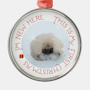 Pekingese-Welpe erstes Weihnachten Silbernes Ornament