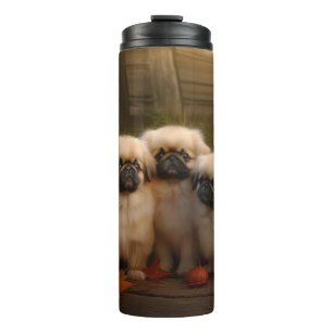 Pekingese Welpe Herbstfreude Kürbis Thermosbecher