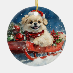 Pekingeser Hund im Schlitten Lass es schneien Weih Keramik Ornament