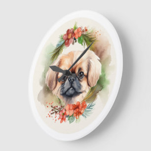 Pekingeser Weihnachtskranz Festlicher Hund Große Wanduhr