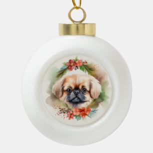 Pekingeser Weihnachtskranz Festlicher Hund Keramik Kugel-Ornament