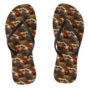 Pekingeser Welpe Herbstvergnügen Kürbis Flip Flops