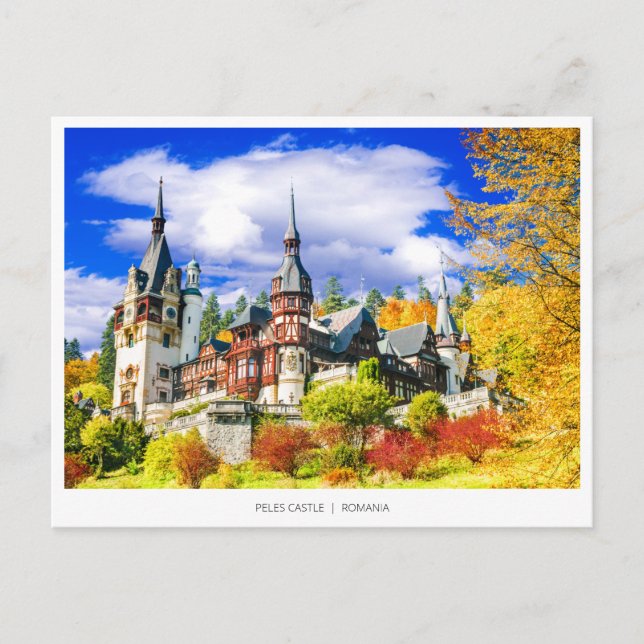 Peles Castle, Rumänien, berühmte Herbstlandschaft Feiertagspostkarte (Vorderseite)