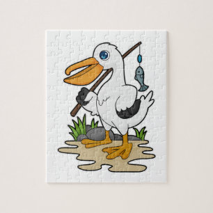 Pelican as Fisher mit Angelstab & Fisch Puzzle