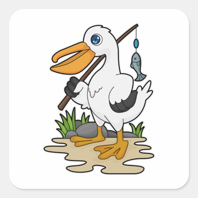 Pelican as Fisher mit Angelstab & Fisch Quadratischer Aufkleber (Vorderseite)