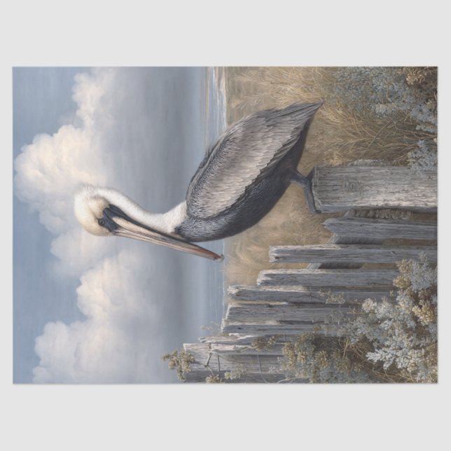 Pelican auf einer Zaun-Dekoupage Seidenpapier (Vorderseite)