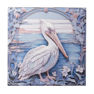 Pelican Bird Art Nouveau Imitats Relief R Ocean Bl Fliese