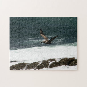 Pelican Bird Flying Pacific Ocean Rocks Puzzle