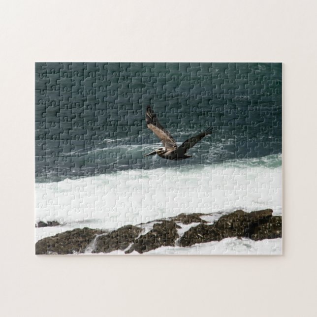 Pelican Bird Flying Pacific Ocean Rocks Puzzle (Horizontal)