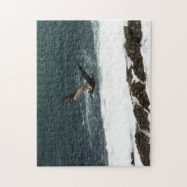 Pelican Bird Flying Pacific Ocean Rocks Puzzle