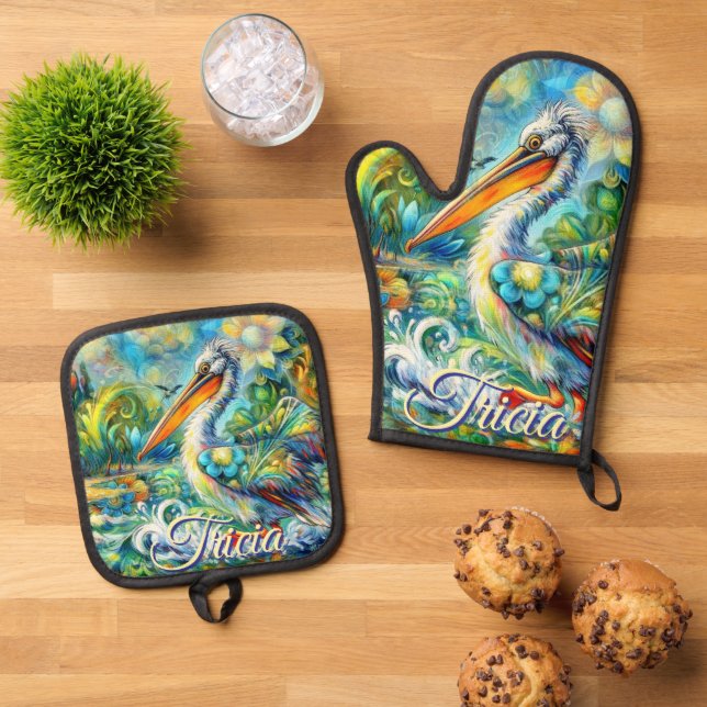 Pelican Bird in Wonderland Floral Personalized Ofenhandschuh & Topflappen-Set (Oben Unten)