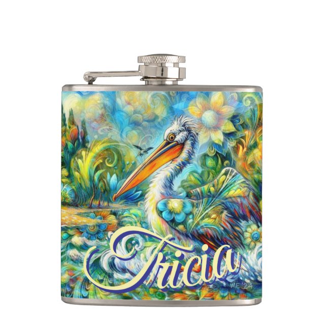 Pelican Bird in Wonderland Personalisiert Flachmann (Vorderseite)