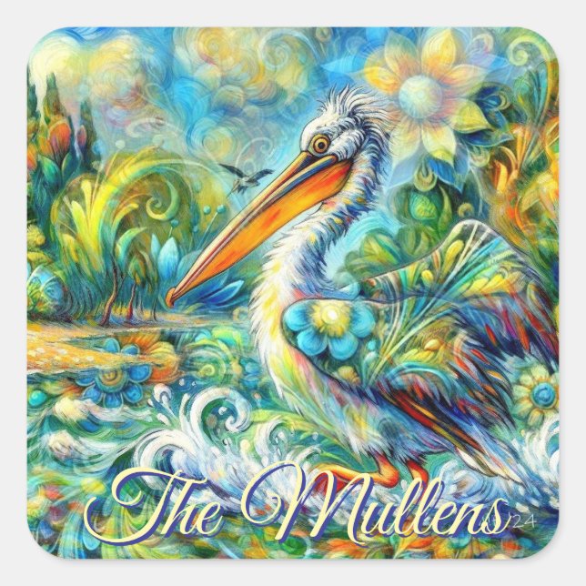 Pelican Bird in Wonderland Personalisiert Quadratischer Aufkleber (Vorderseite)