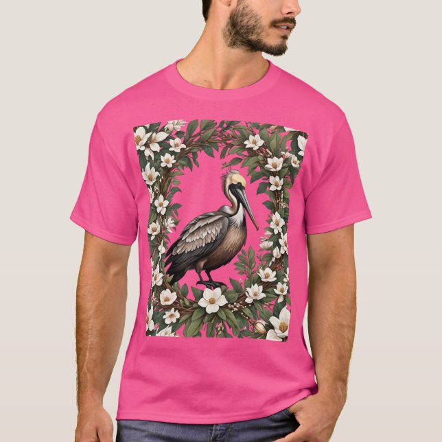 Pelican Bird Surrounded By Magnolia Flowers Oversi T-Shirt (Vorderseite)