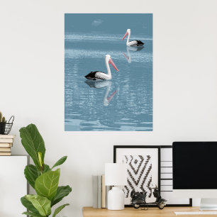 Pelican Couple Paddling auf Calm Blue Water Poster