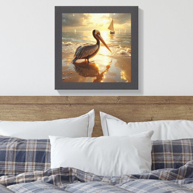 Pelican in the morning glow of sunrise leinwanddruck (Insitu (Schlafzimmer))