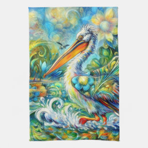 Pelican in Wonderland Blumengrün Gelb Geschirrtuch