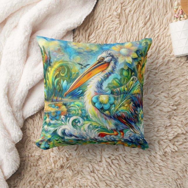 Pelican in Wonderland Blumengrün Gelb Kissen (Decke)