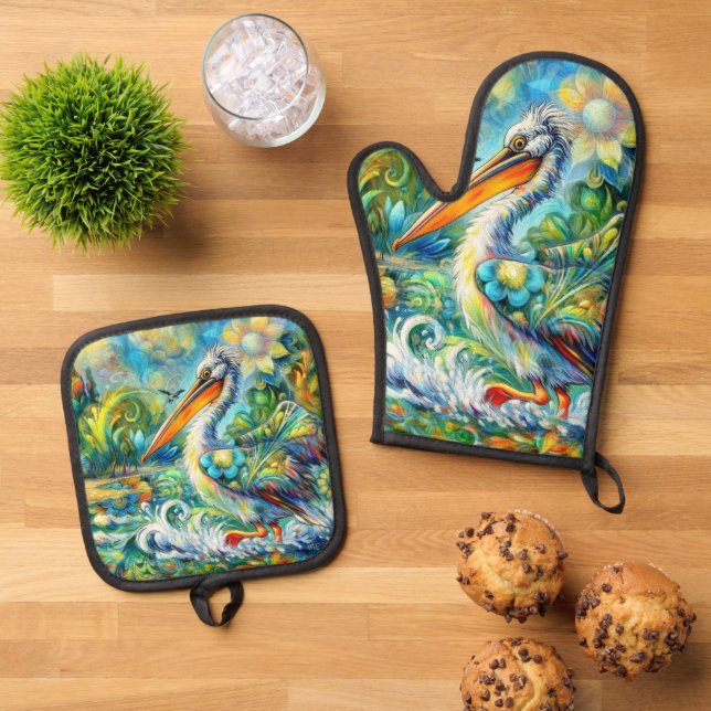 Pelican in Wonderland Blumengrün Gelb Ofenhandschuh & Topflappen-Set (Oben Unten)