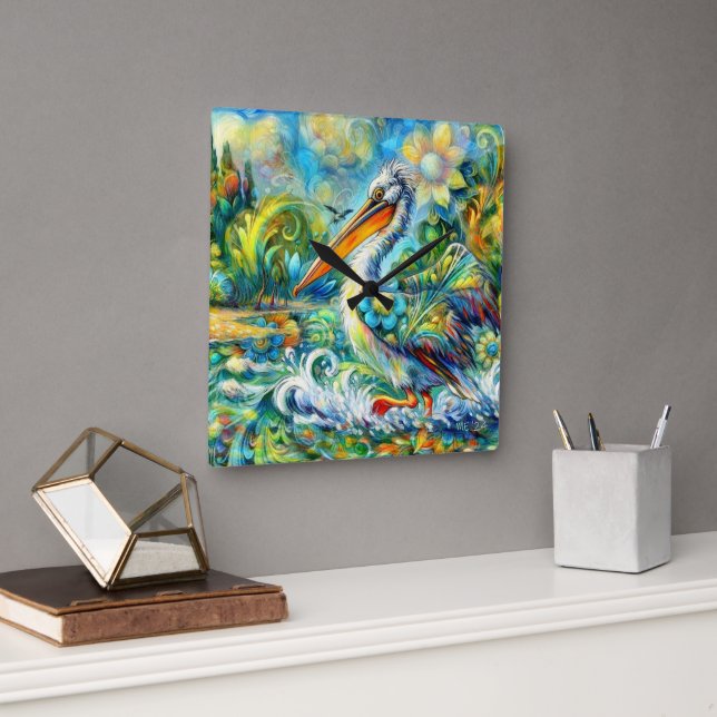 Pelican in Wonderland Blumengrün Gelb Quadratische Wanduhr (Büro)