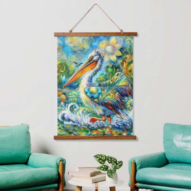 Pelican in Wonderland Blumengrün Gelb Wandteppich Mit Holzrahmen (Wohnzimmer)